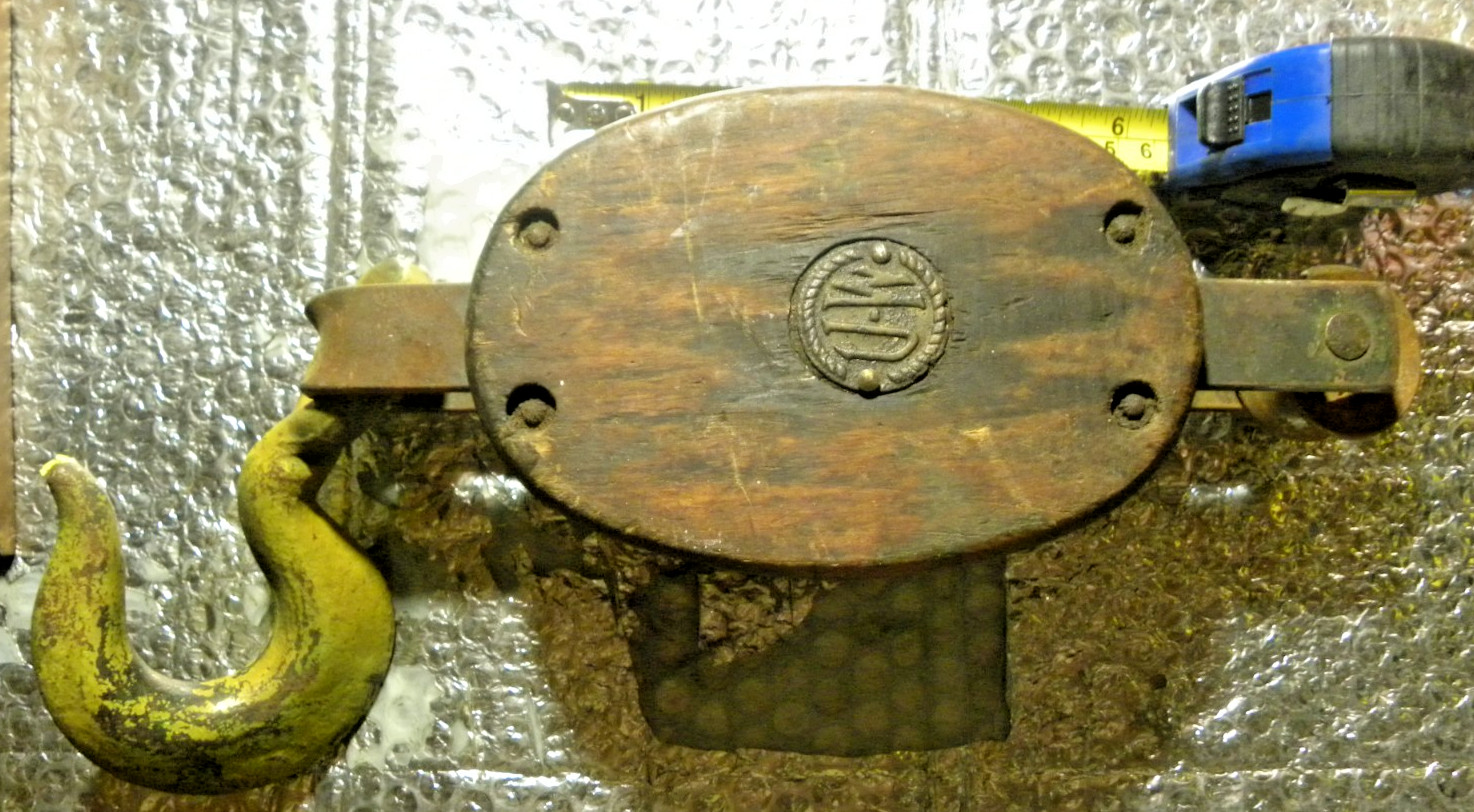Antique U W 6-RP Wood Frame on Metal Wheels Pully For Ropes Barn or ship