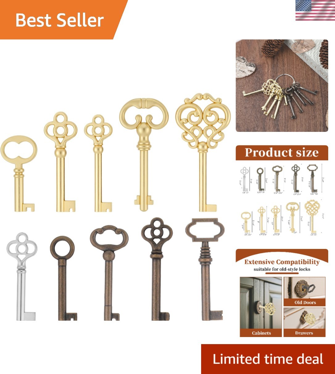Key Set, 10 Pcs Keys Hollow Universal Key Replacement for Antique Dresser and…