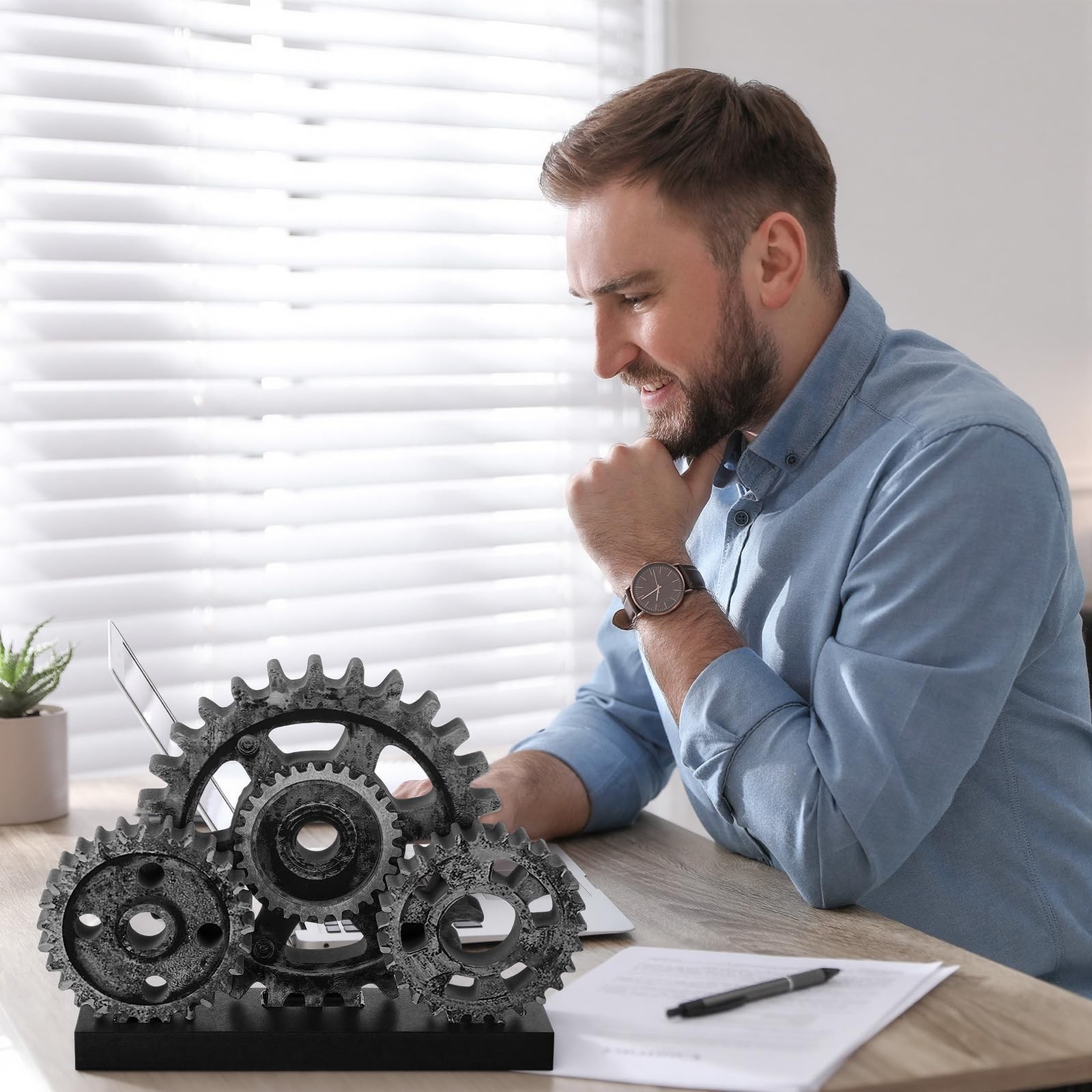 Novabright Steampunk Industrial Gear Train Figurine, Vintage Black Silver Woo…