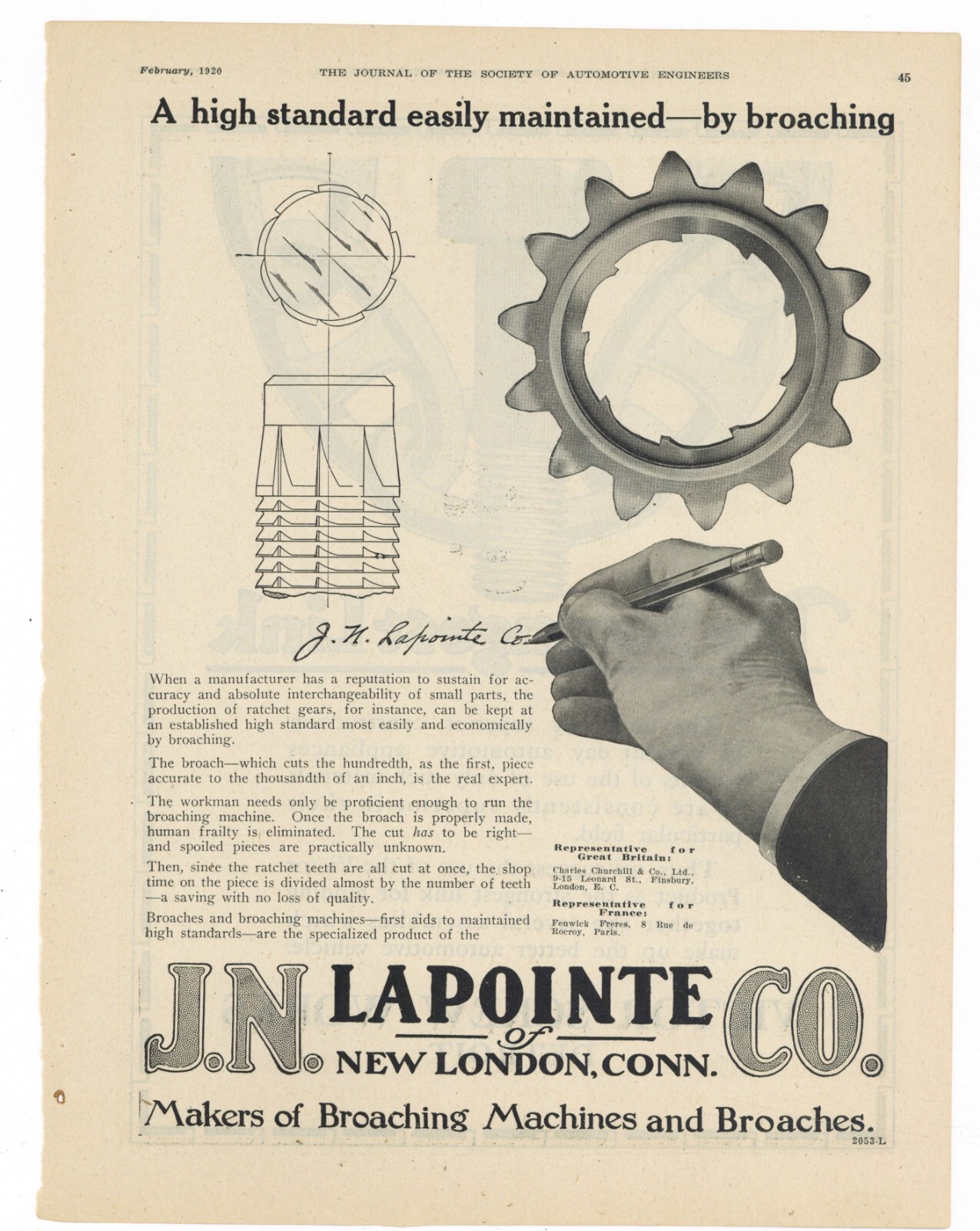 1920 J.N. LaPointe Co. Ad: Broaches & Broaching Machines – New London, CT