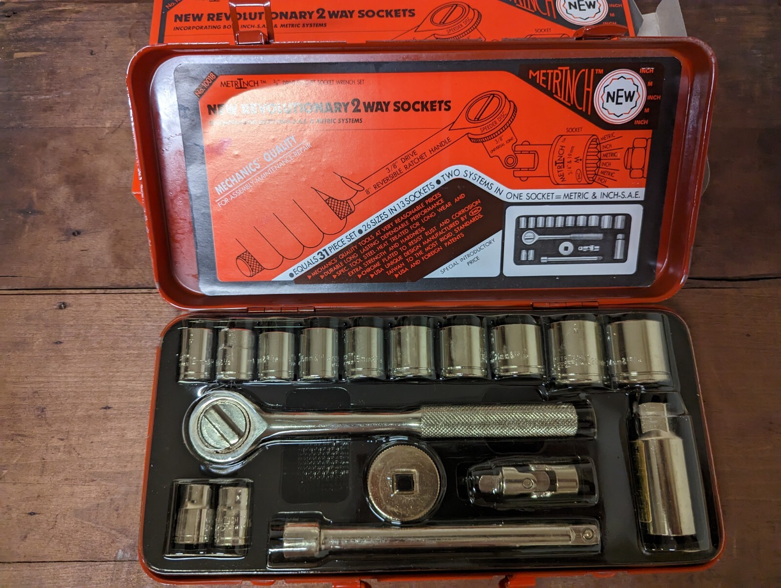 Vintage 1980s BMC Taiwan Metrinch Socket Ratchet Set 3/8″ Dr SAE & Metric RETRO!