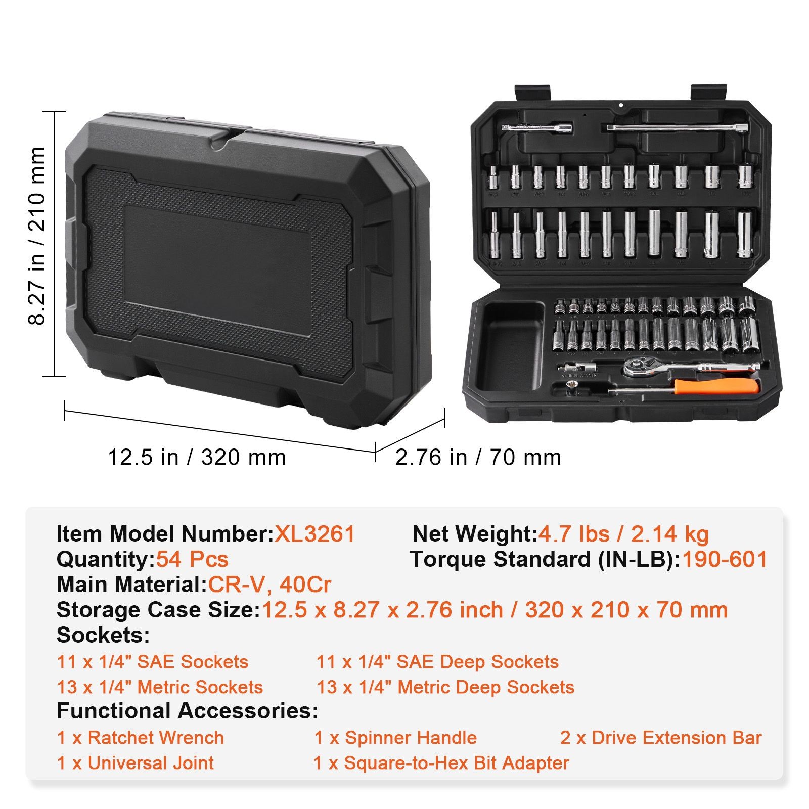 Socket Set, 1/4 Inch Drive Socket and Ratchet Set, 6-Point Socket Opening