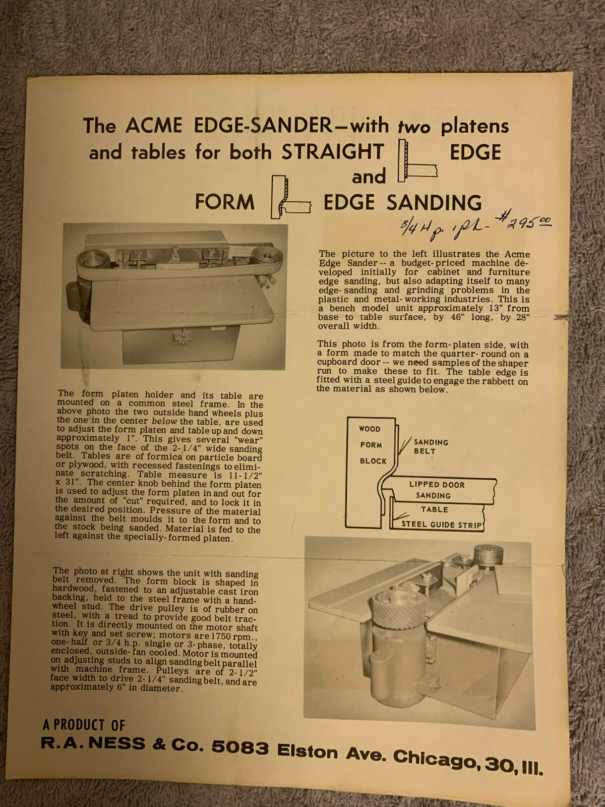 R.A Ness & Co Acme Edge-Sander Vintage 1940-1950’s Advertising & Info Sheet