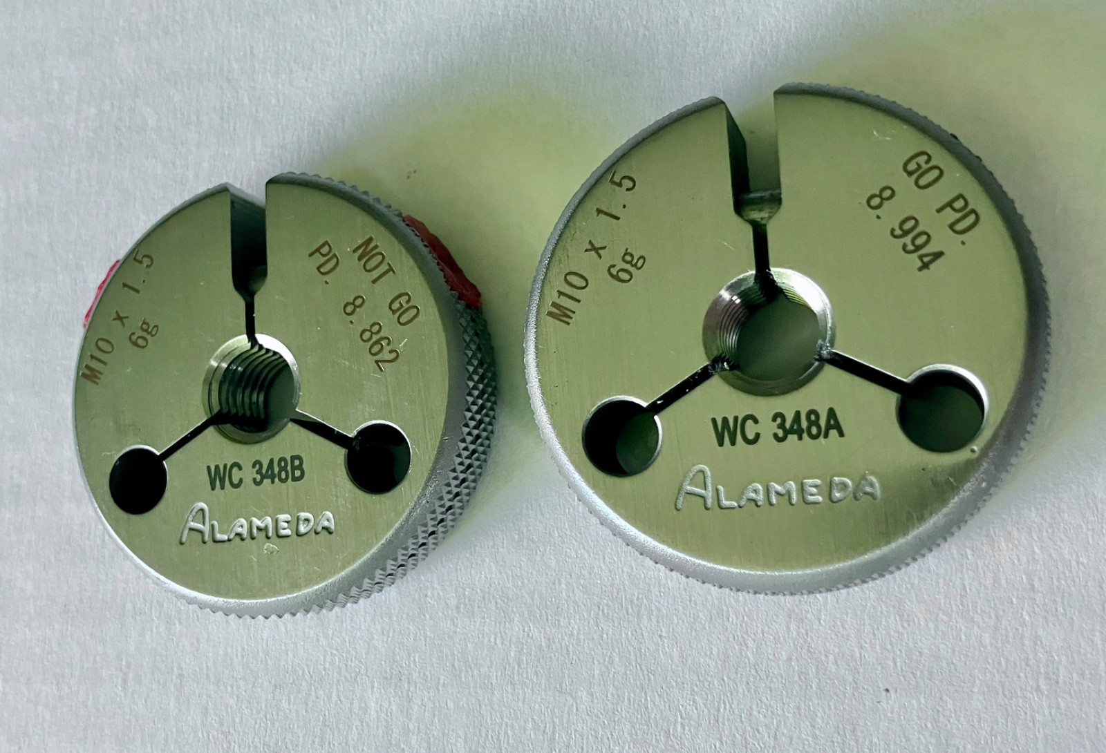 ALAMEDA M10 X 1.5 6g METRIC SOLID THREAD RING GAGES 10 GO NO GO = 8.994, 8.862