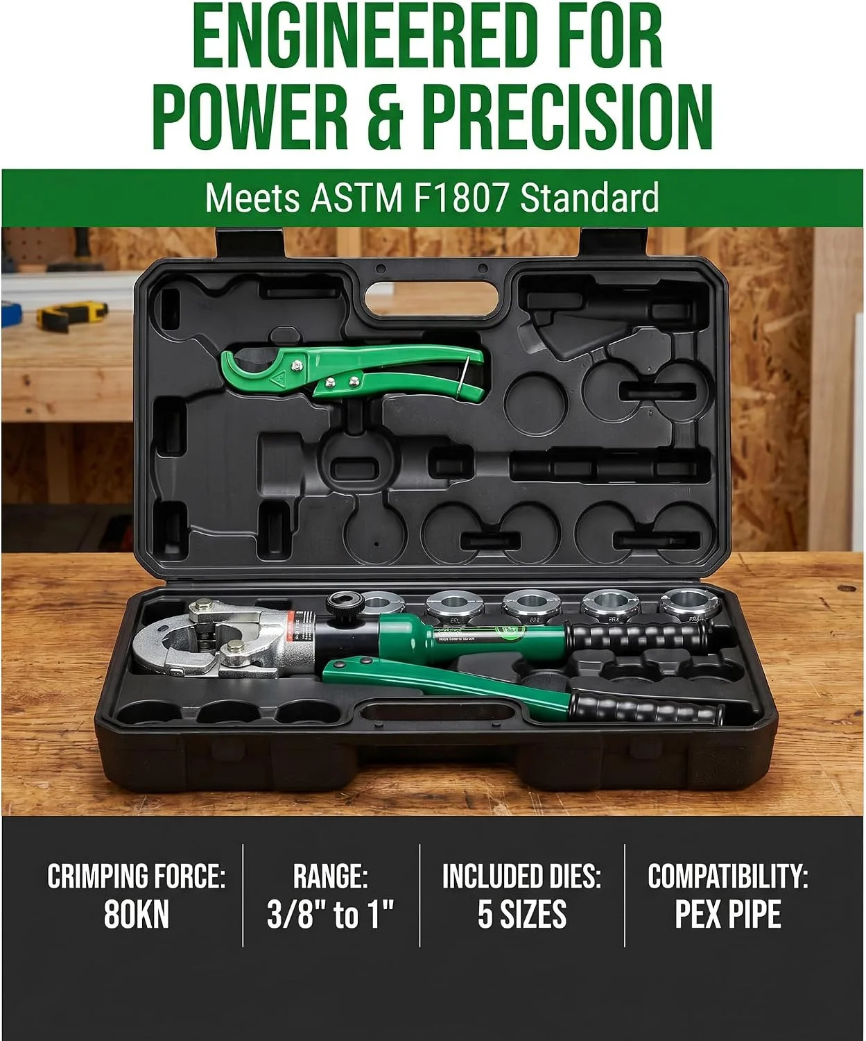 Pex Pipe Crimping Tool kit for 3/8,1/2,5/8,3/4,1-inch Copper Ring with Free Gaug