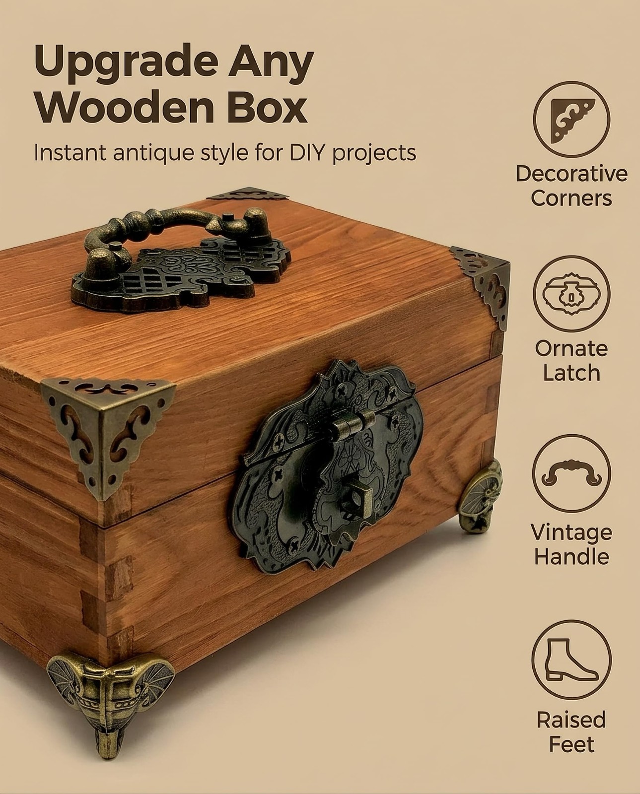 Jewelry Box Antique Lock Latch Hasp Hinges Handle Corner Protectors 1set