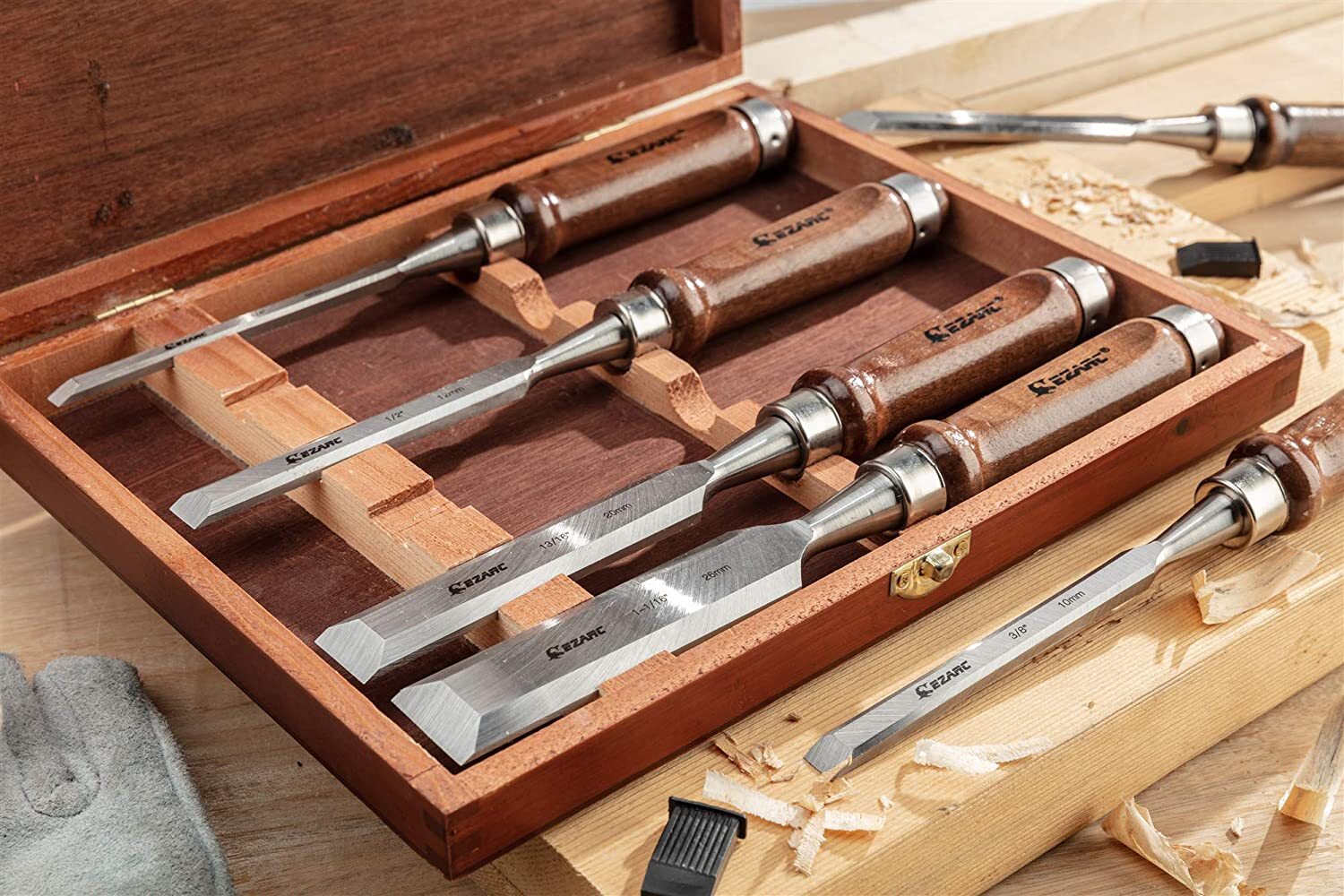 EZARC Japanese Style Nomi Chisel Black Walnut Set of 6 Carpenter tool Wooden Box
