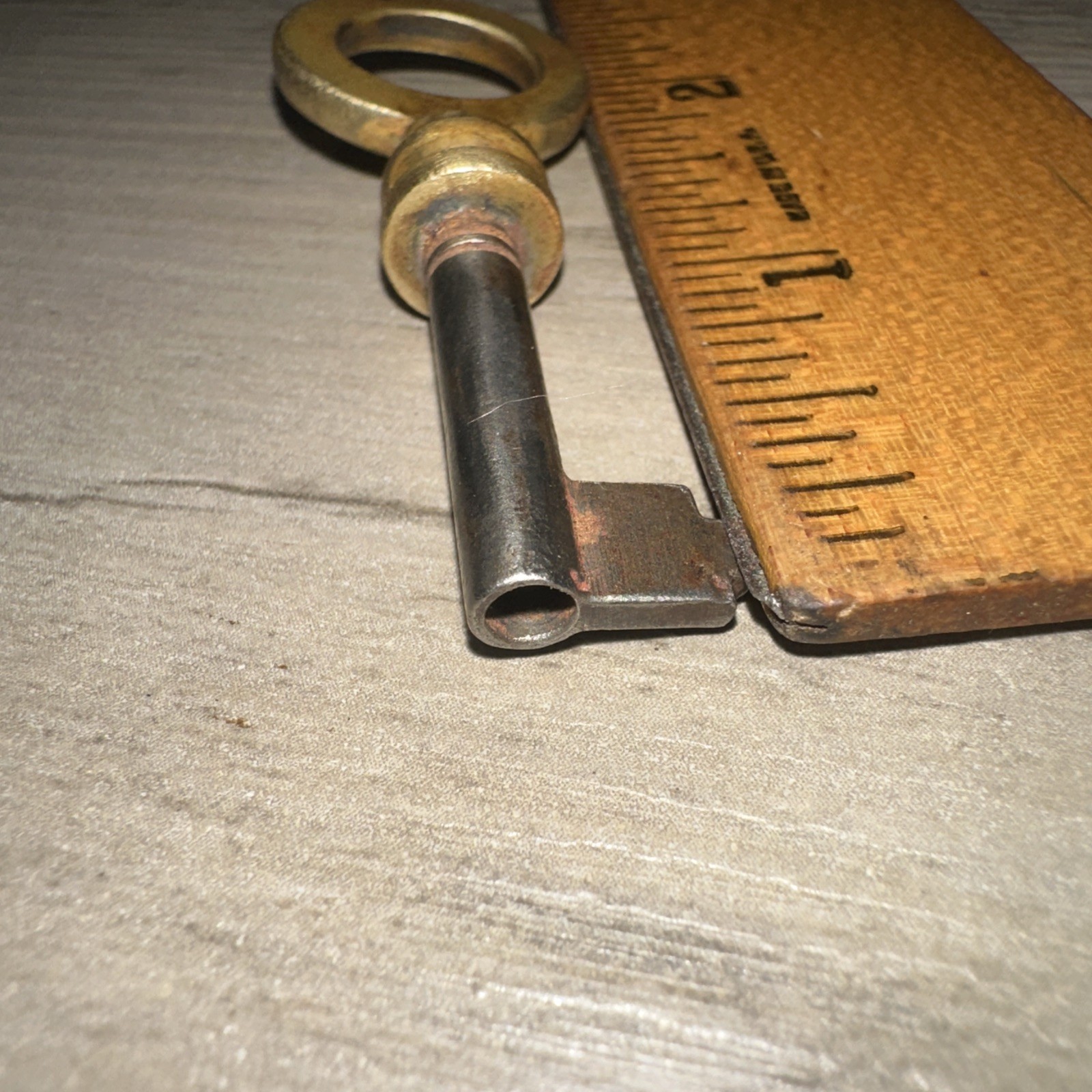 Antique Hollow Barrel Skeleton Key Unique Tip, Brass & Steel