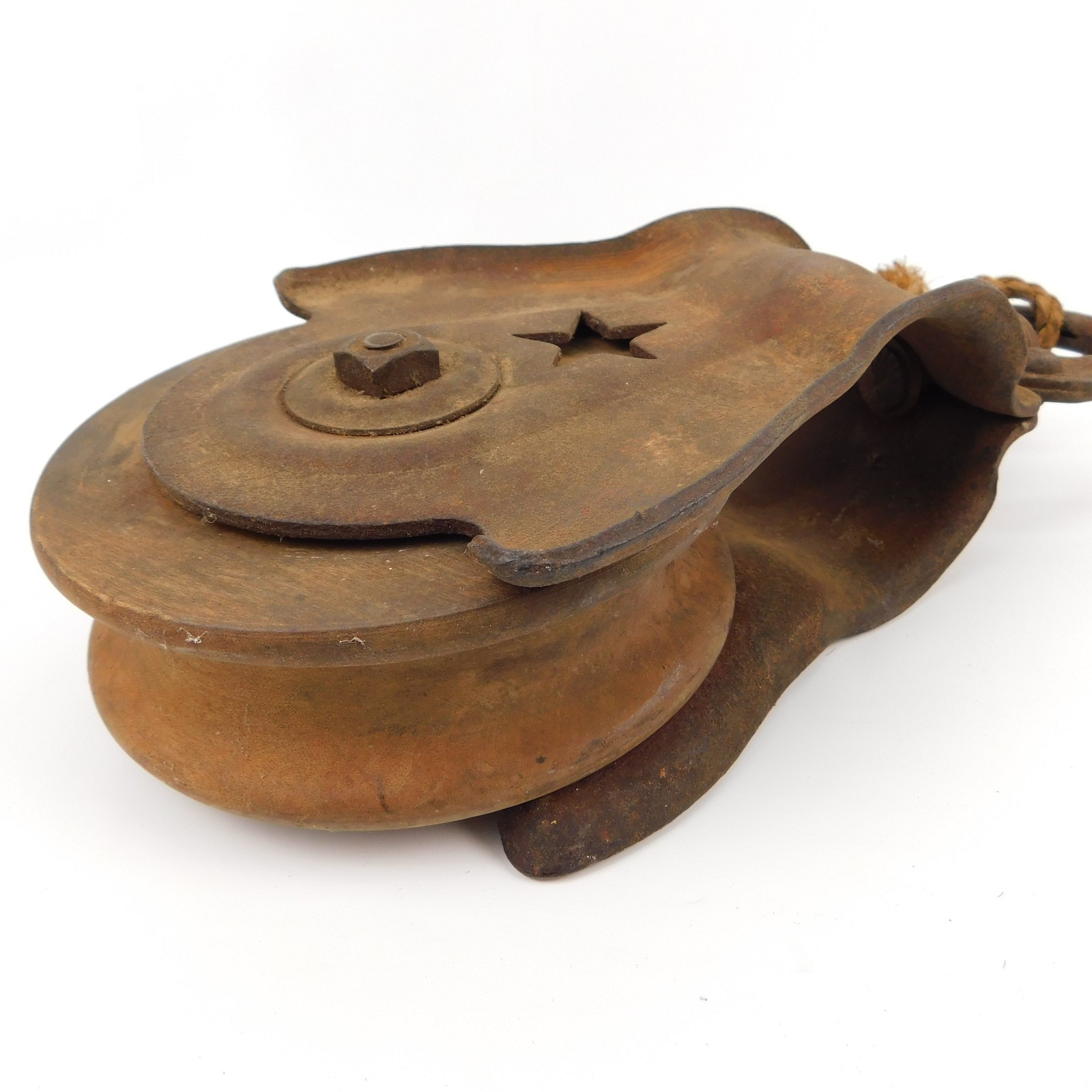 Vtg Starline Inc 12″ Wood & Iron Pulley Block 6″ Wheel Rustic Farm Barn Decor