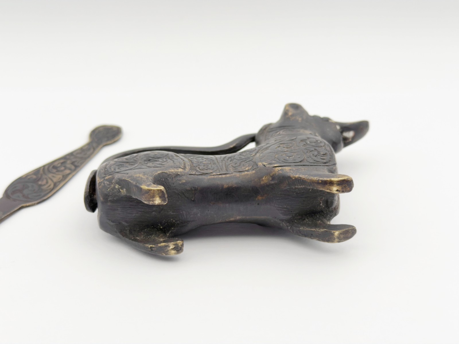 Antique 19th Century Chinese Brass Handcrafted Dog Padlock with Original Key