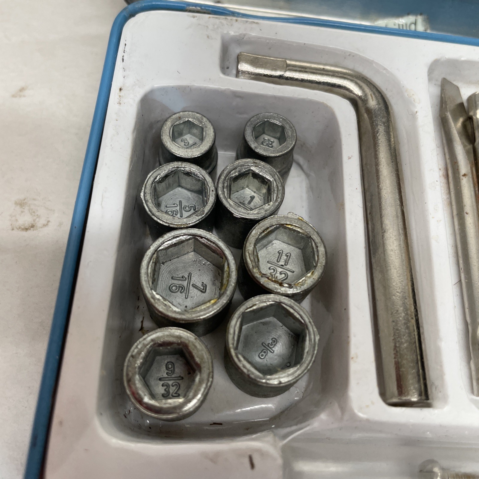 Vintage Tin Pocket Tool Kit Metal Blue Sockets & Screwdriver