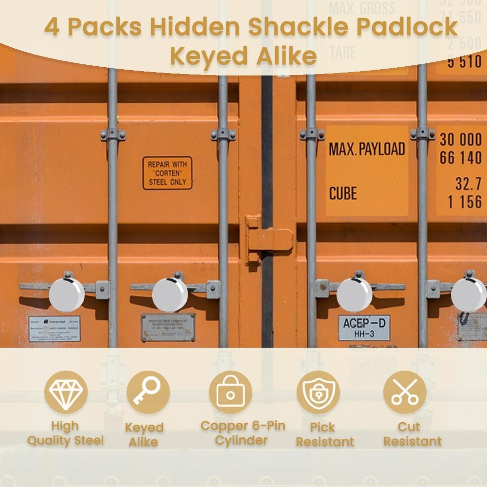 4 Pack Hidden Shackle Padlock Keyed Alike Heavy Duty Trailer Puck Padlocks An…