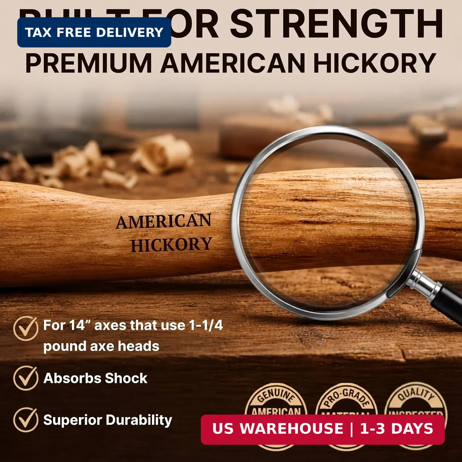 American Hickory Axe Handle 14″ Replacement with Wood & Steel Wedges for 1.25lb