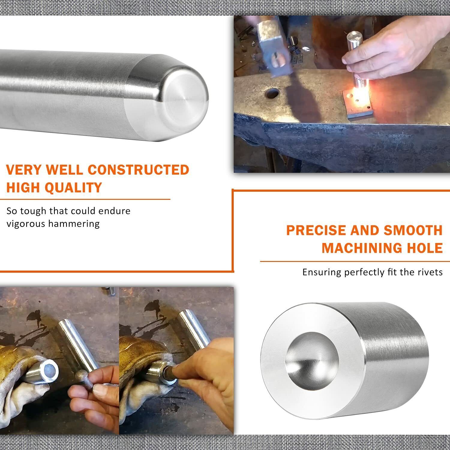 Blacksmith Rivet Doming Heading Bucking Tool Kit 1/4″ Shaft 1/2″ Head 5/16″ Dome