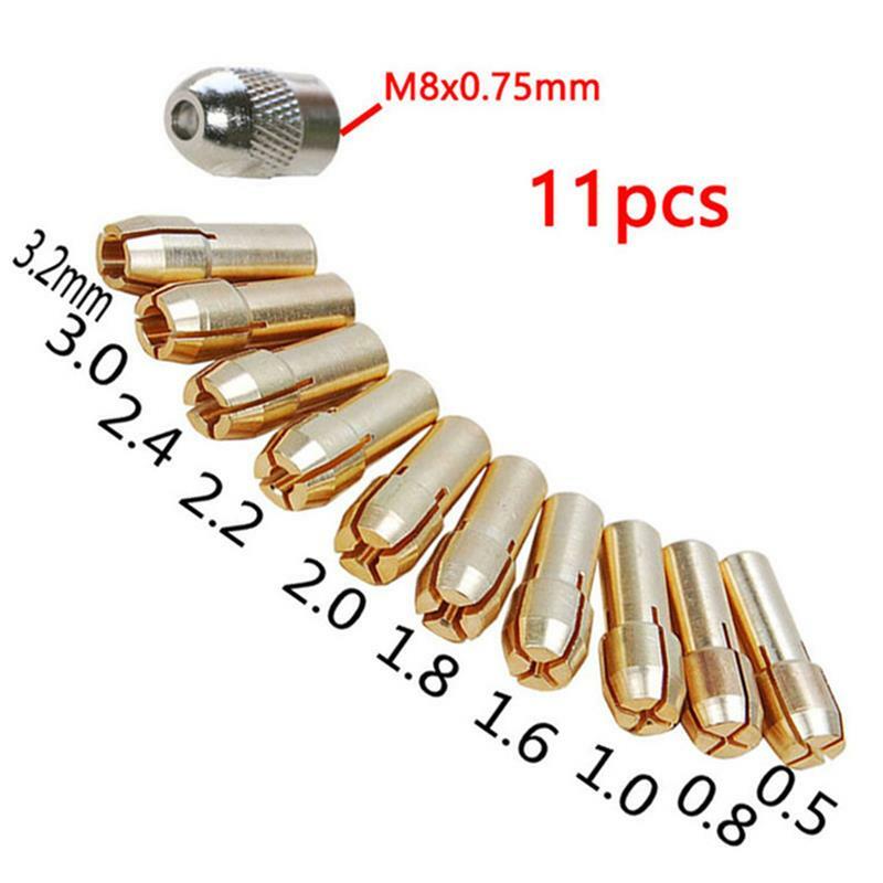 11PCS/Set Brass Drill Chucks Collet Bits 0.5-3.2mm 4.8mm Shank Screw Nut Replace
