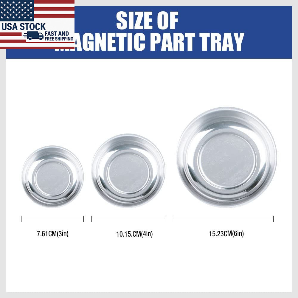 3 Piece Magnetic Parts Tray Set Stainless Steel Round Mechanic Tool Holder