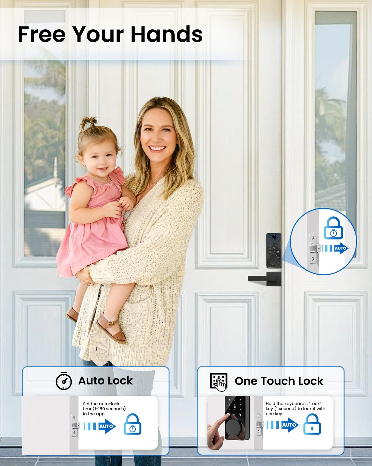 Fingerprint Keyless Entry Door Lock with 2 Handle Set, Smart Glossy Black