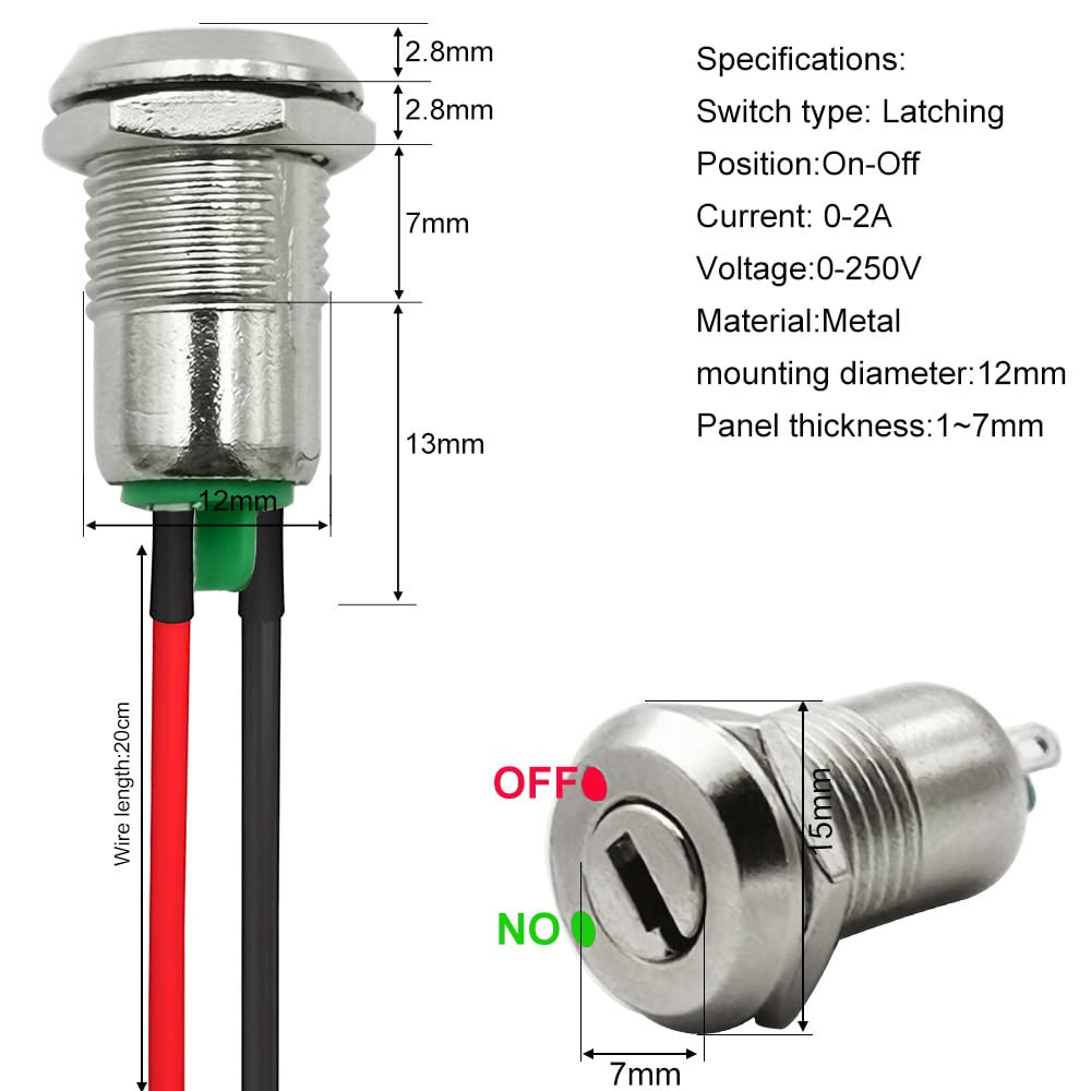 12Mm On/Off Metal Key Lock Switch Prewired Key Switch Lock Maintained Latching