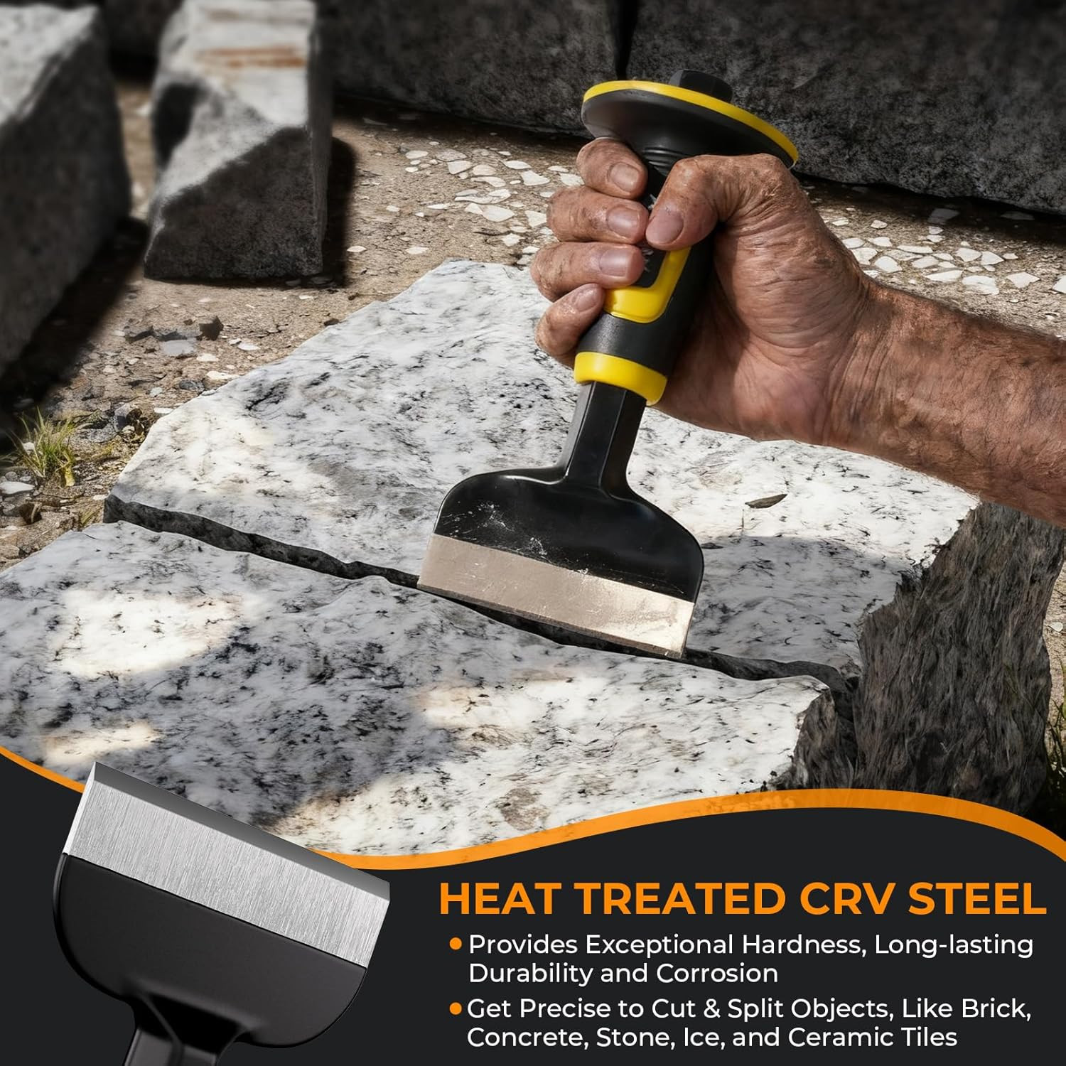 3PCS Masonry Chisel Set with Hand Guard, Stone and Rock Chisel, Heavy Duty Concr