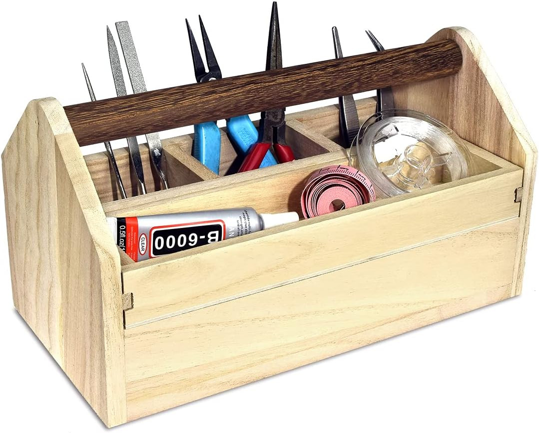 Small Natural Wood Color Wooden Craft Tool Box Caddy with a Handle for Storage T