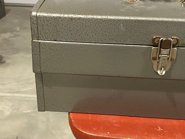 Vintage JC Penney Gray Metal Tool Box 16″x 70-1/2″x 7-1/2″ W/ Tray Nice