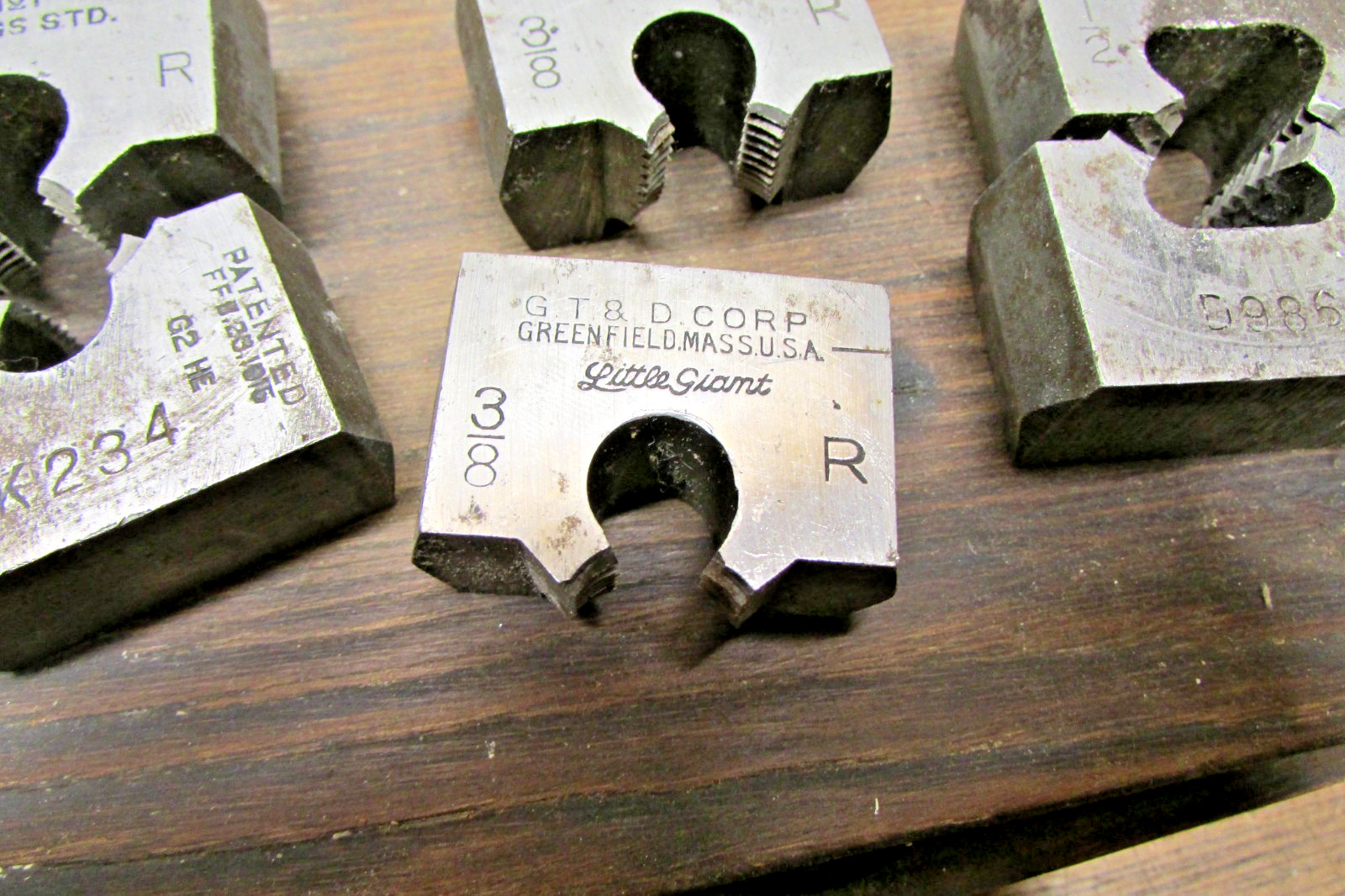 Vintage Set GREENFIELD GTD LITTLE GIANT ADJUSTABLE DIES 1/4, 3/8, 1/2, & 1″