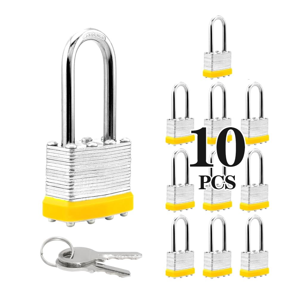 Laminated Steel Keyed Padlocks, 10 Pack, Keyed Alike, Long Shackle, 1-9/16″ （…