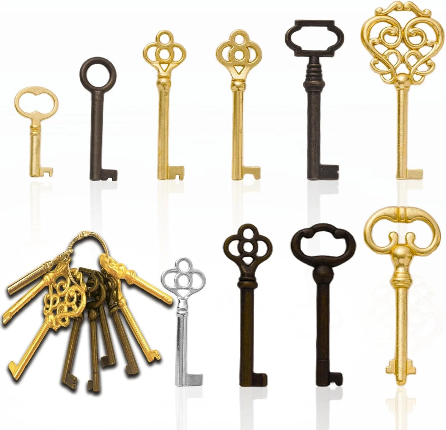 10 Pack Antique Style Skeleton Replacement Keys for Cabinet Furniture Lock Gold