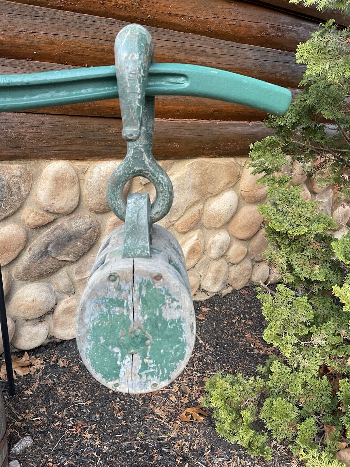 Vintage Industrial Pulley Wood Block Double Wheel Iron Hook 19”