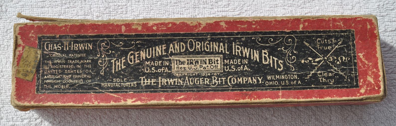 1920s USA Ohio Irwin Auger Bit Company ORIGINAL BOX + ONE BIT INSIDE