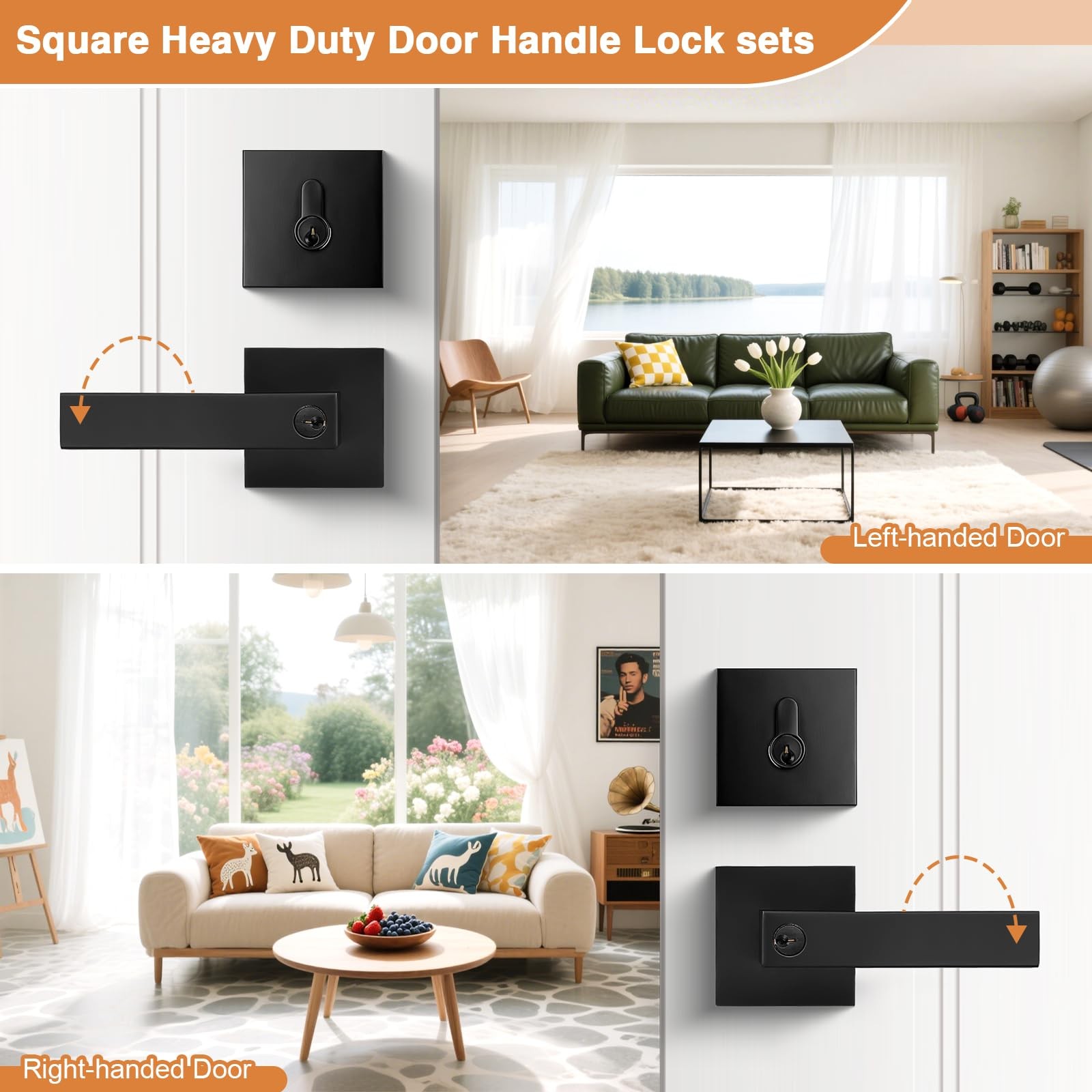 Probrico Square Entry Levers and Single Cylinder Deadbolts 2 Pack, Black