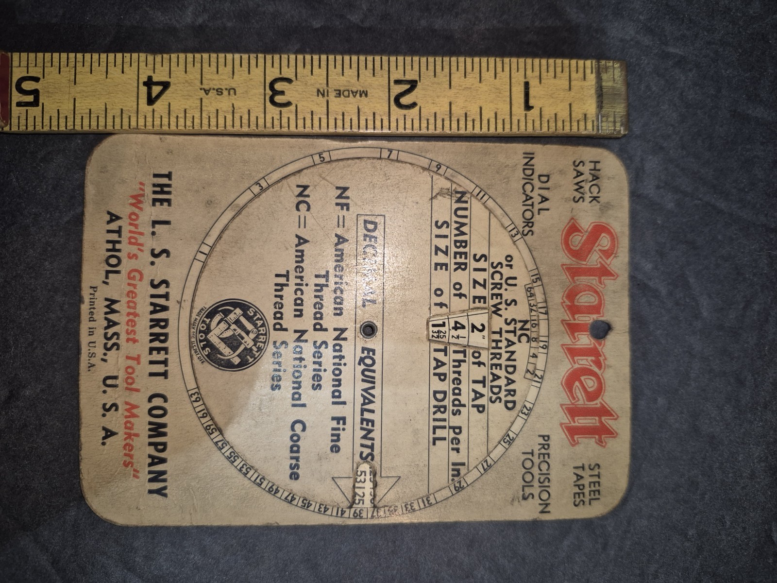 L. S. STARRET Tool Vintage Advertising Cardboard Decimal Equivalents Athol, Mass