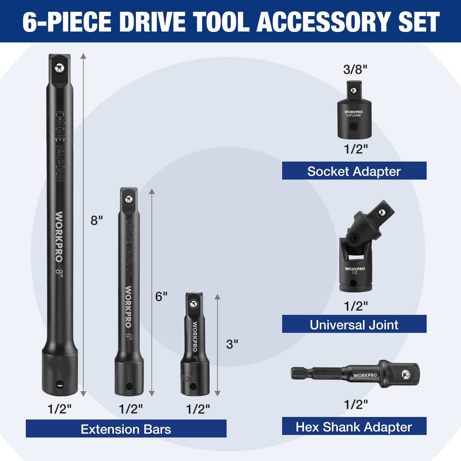 WORKPRO 1/2″ Drive Impact Socket Extension Bar and Adapter Set, 6-Piece | Inc…