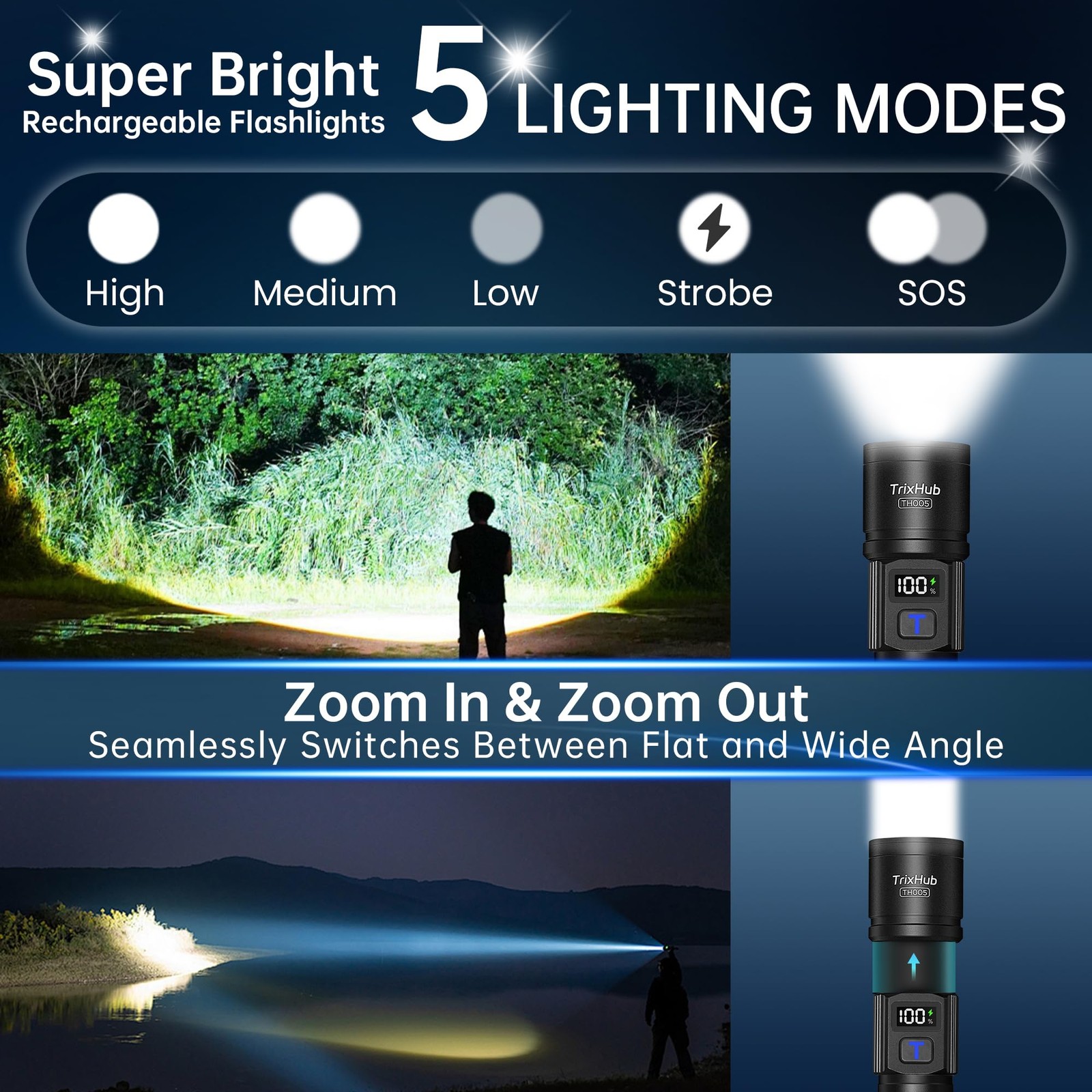 TrixHub Rechargeable Flashlights 3 Pack, Super Bright High 3Pack, Black