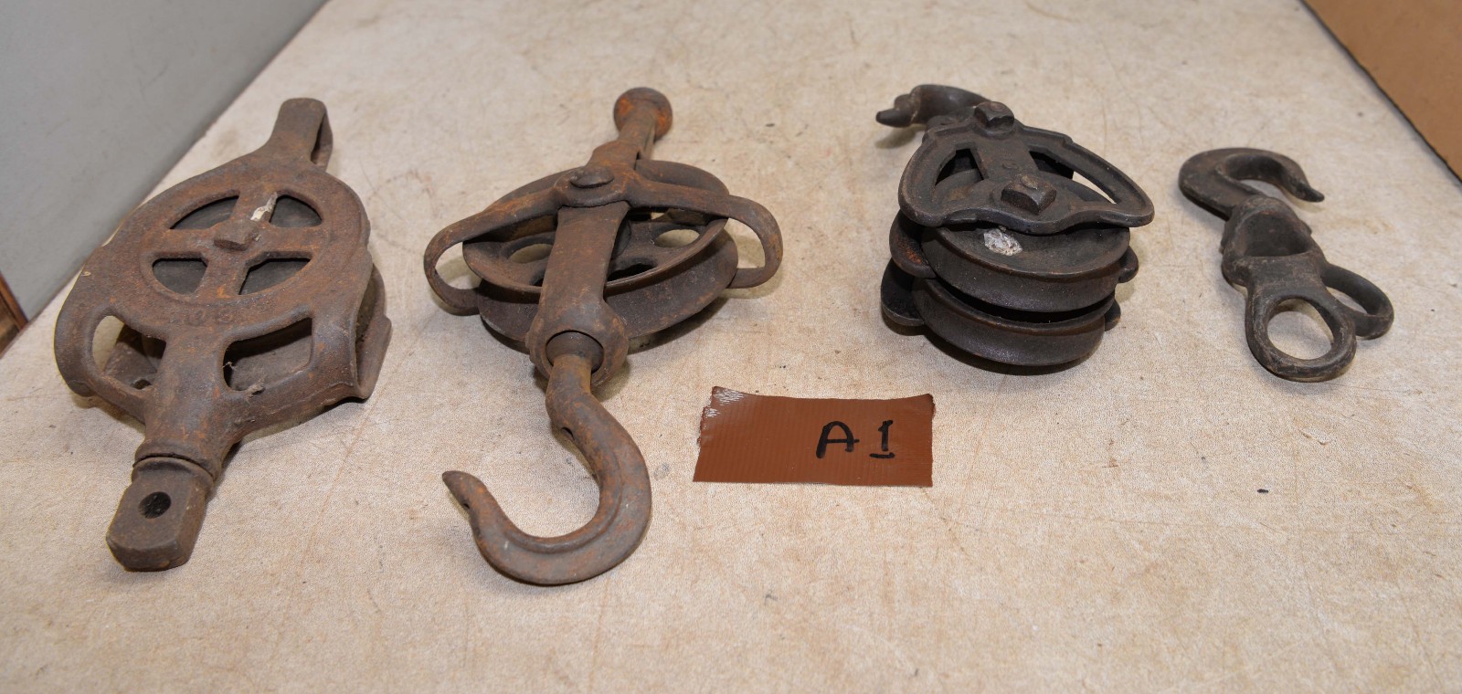 4 antique hay trolley parts Ney Myers drop pulley collectible tool lot A1