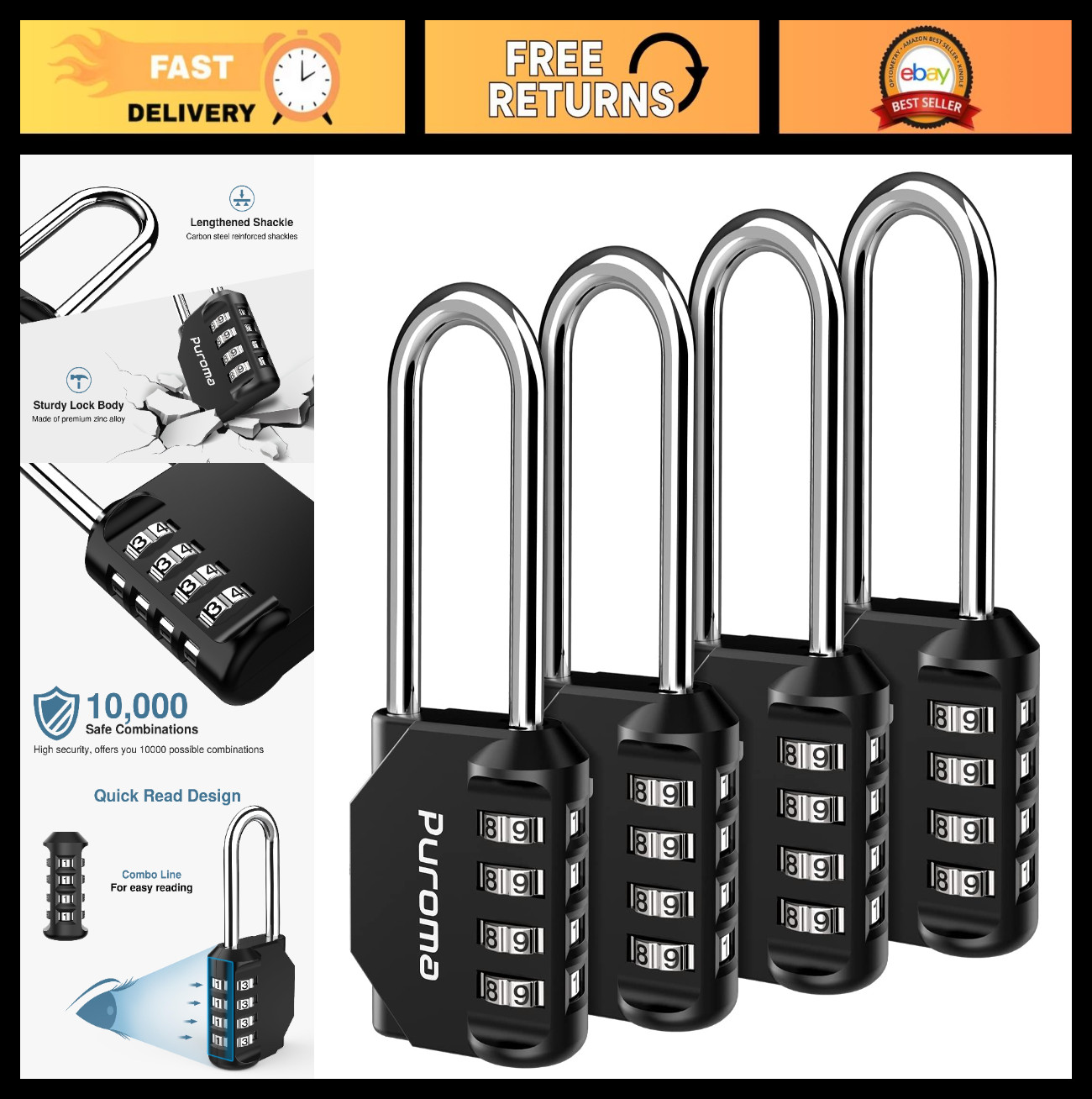 4 Pack 2.6″ Long Shackle 4-Digit Waterproof Combination Padlocks for Outdoor Use