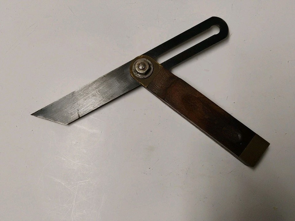 Vintage Adjustable Bevel Angle T-Square Carpenters Tool Wood Metal Brass