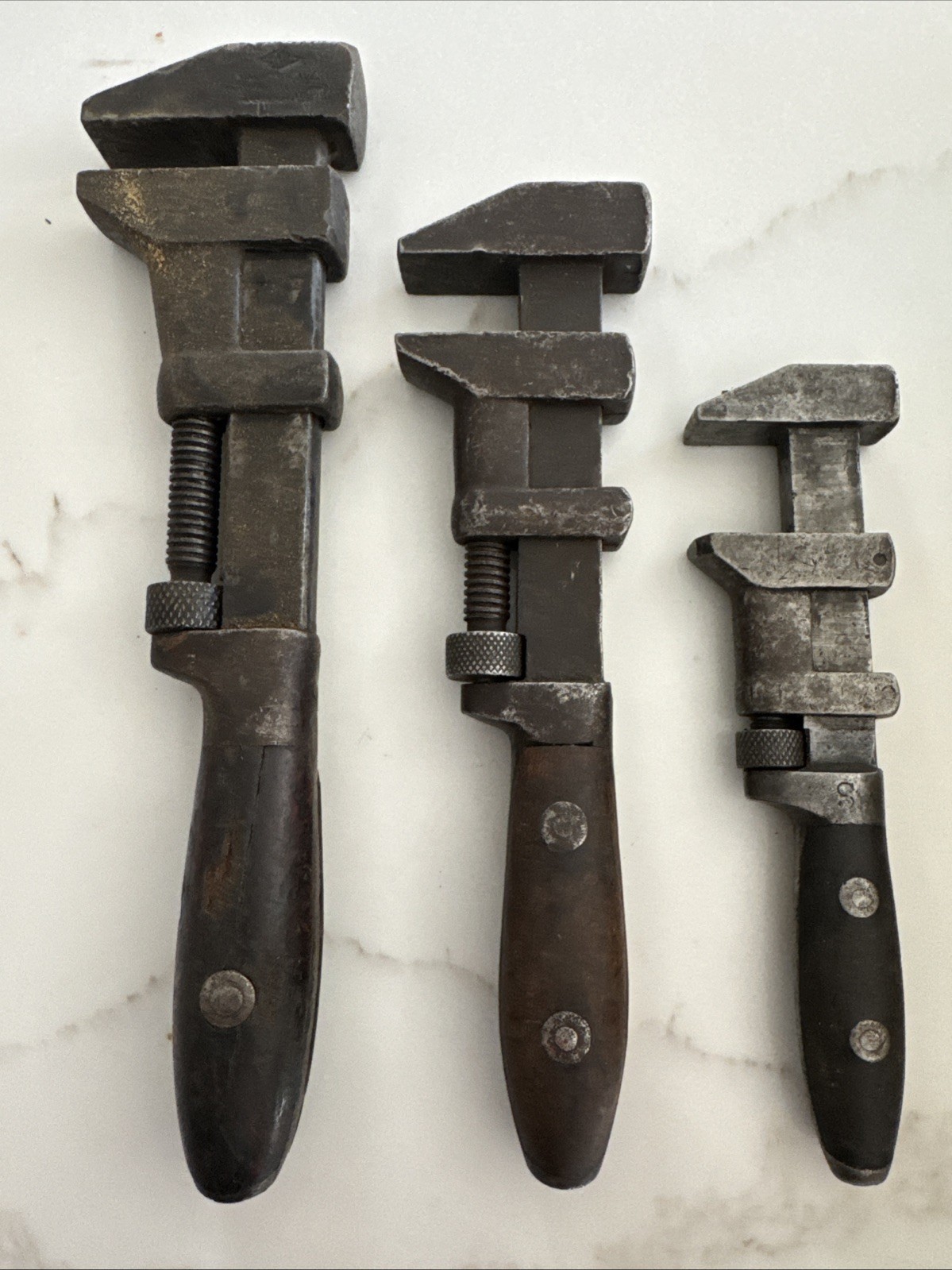 Three Vintage Patent Adjustable Perfect Handle Wrenches 12”, 10” & 8”