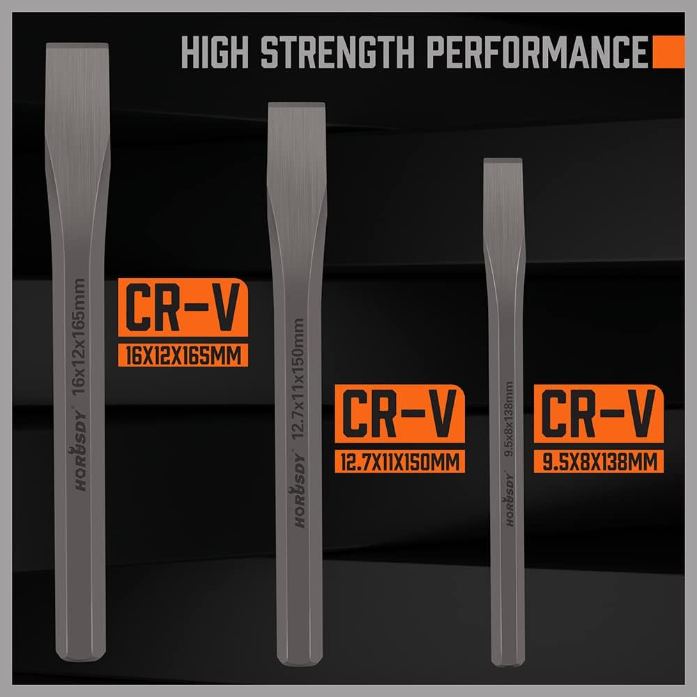 3-Piece Heavy-Duty Cold Chisel Set, 3/8″, 1/2″, 5/8″ Metal Chisels, Drop-Forged