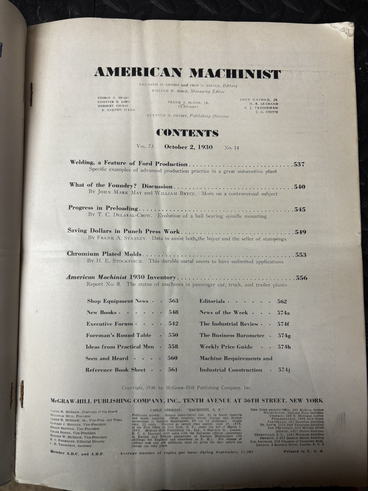 1930 American Machinist, New York. October 2,9,16,23,30 Lot of 5