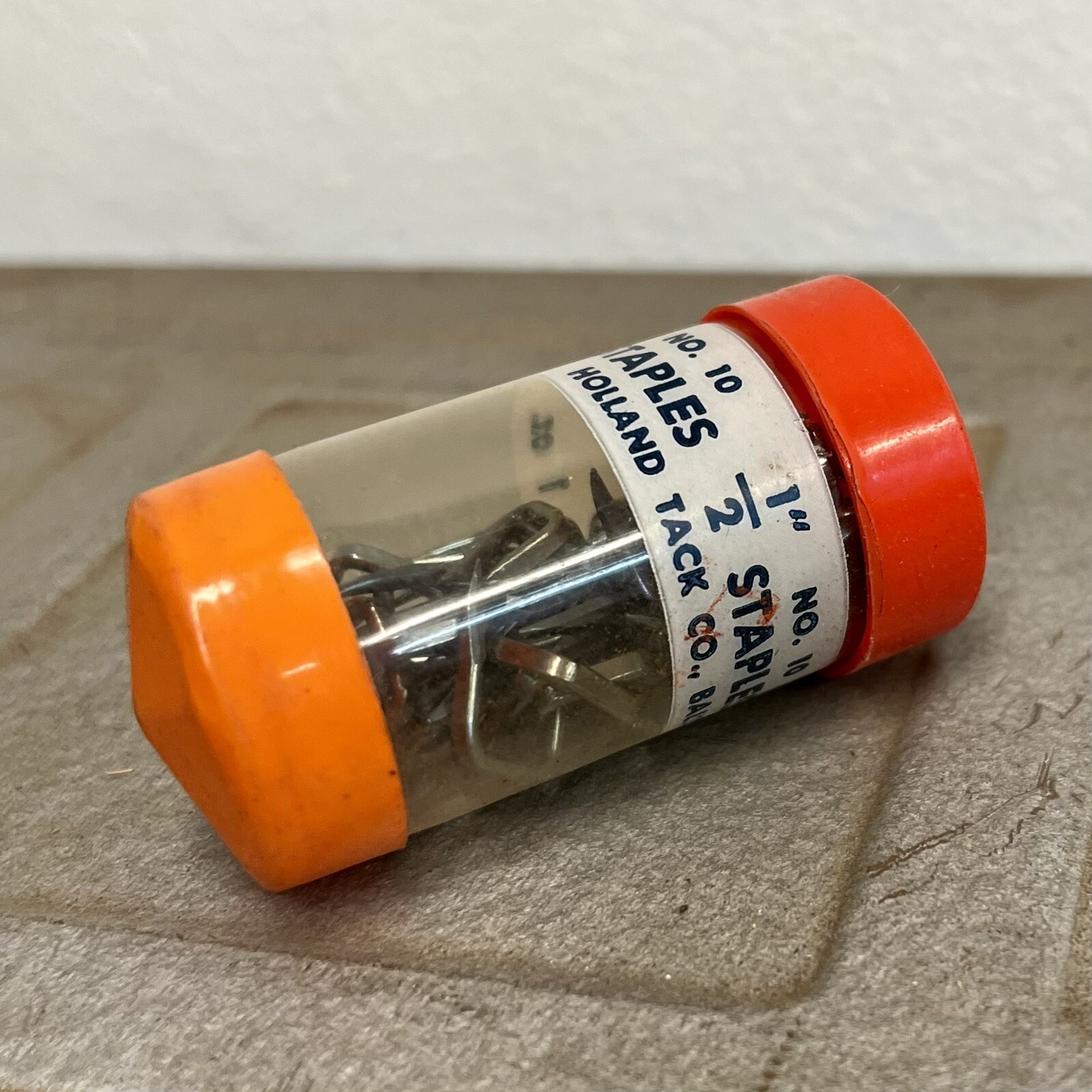 Vtg 1/2” Staples No. 10 Holland Tack Co 1 oz Tube Orange Cap Lid Old Hardware