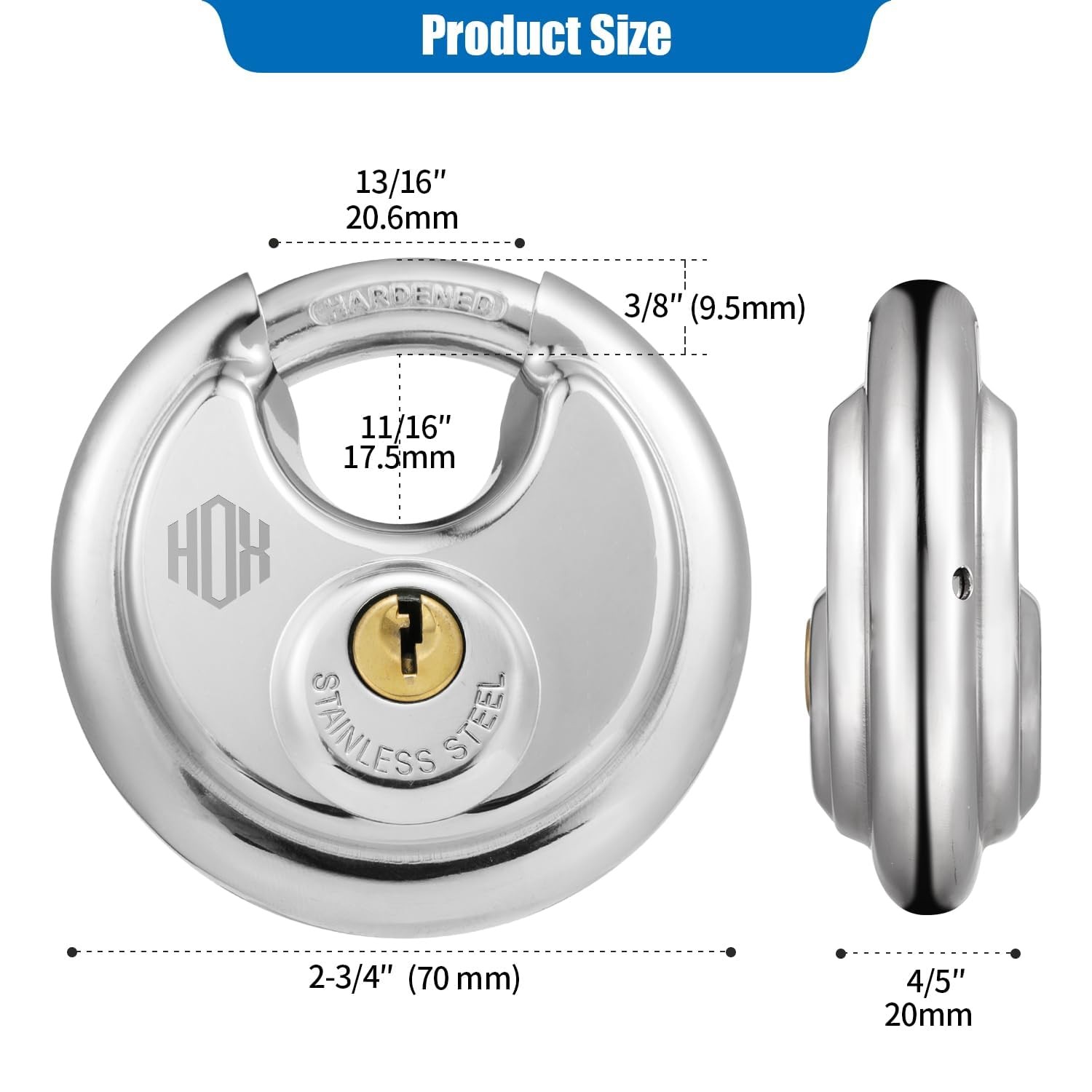 Stainless Steel Keyed Disc Padlock 2 Pack Heavy Duty Waterproof Outdoor Hasp Loc