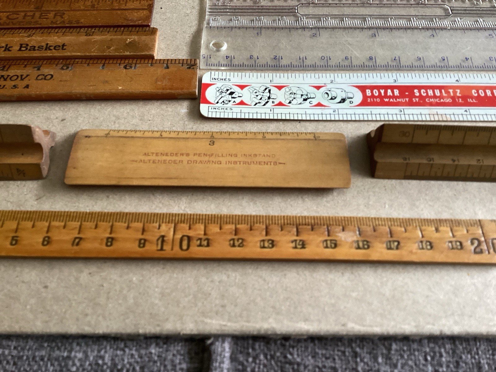 Lot 19 Six Inch Plastic Wooden Rulers & 7” 20” & 2 Draftsmen Triangle Ruler