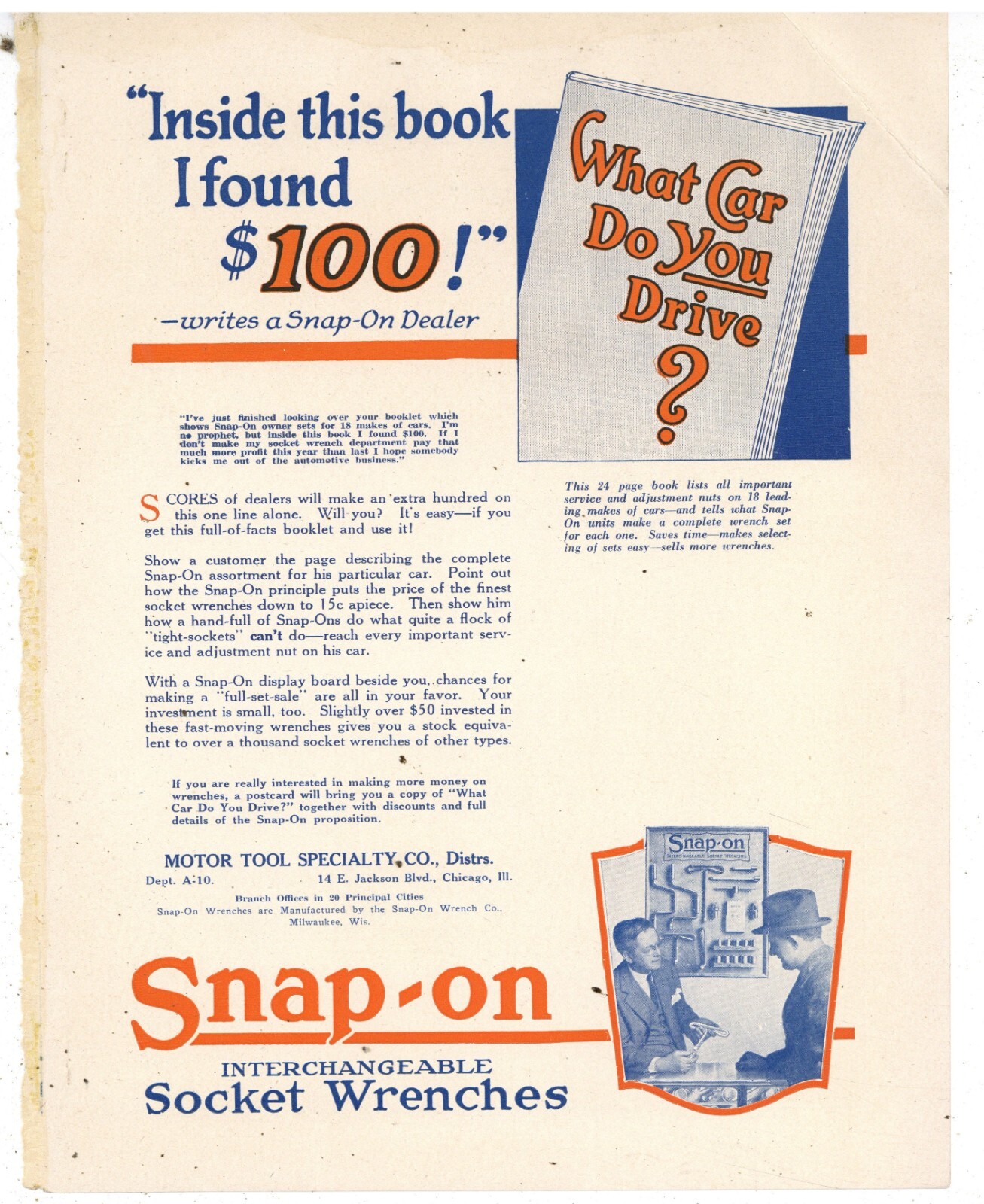 1922 Snap On Wrenches Ad: Motor Tool Specialty Co. Sales Display Board Pictured