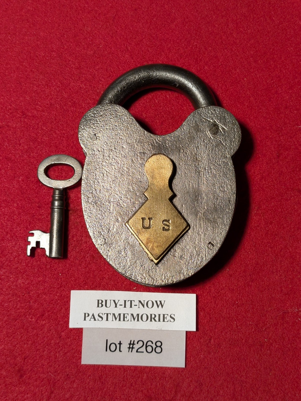 1860’s “U.S.” LOCK co WROUGHT IRON PADLOCK w/ KEY, ANTIQUE VINTAGE LOCK LOT #268