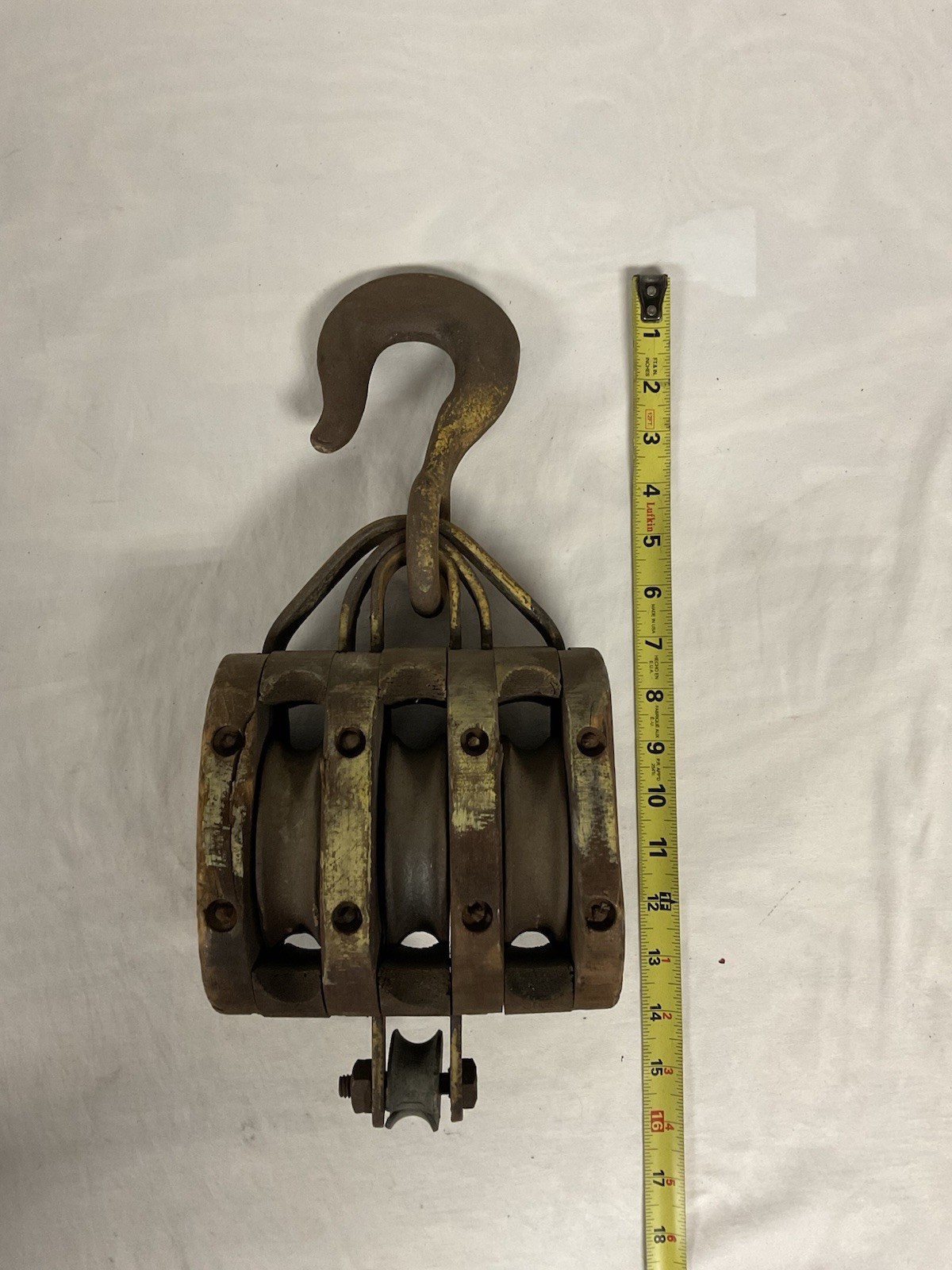 Antique Wood & Steel Barn Or Maritime Triple Block & Tackle Pulley