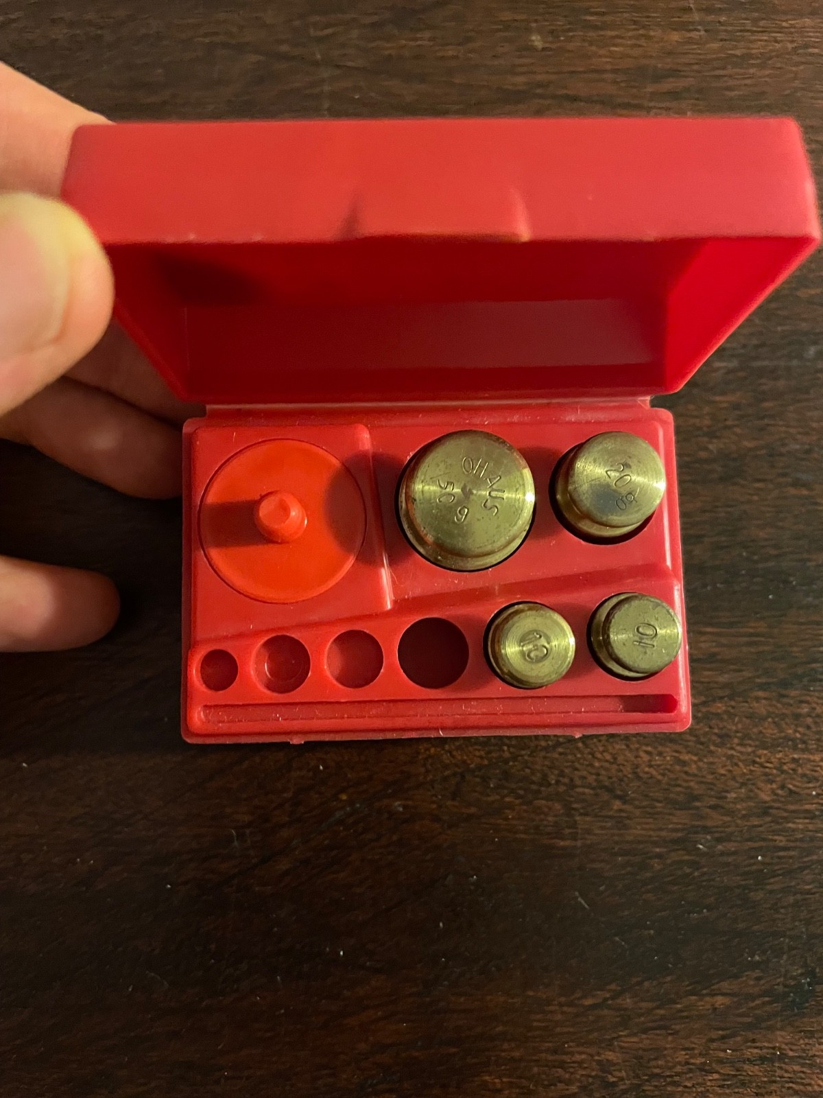 Vintage Set of OHAUS Scale Brass Weight Set: 50g, 20g, & two 10 gram weights