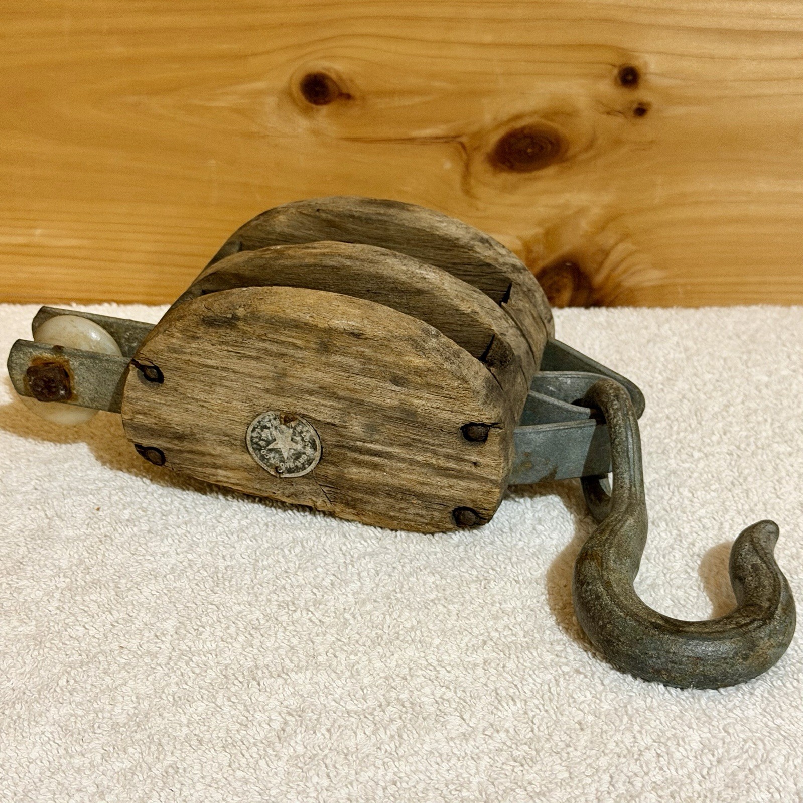 Antique Boston&Lockport Co Double Block & Tackle Wood&Iron Hook Pulley Wheel Vtg