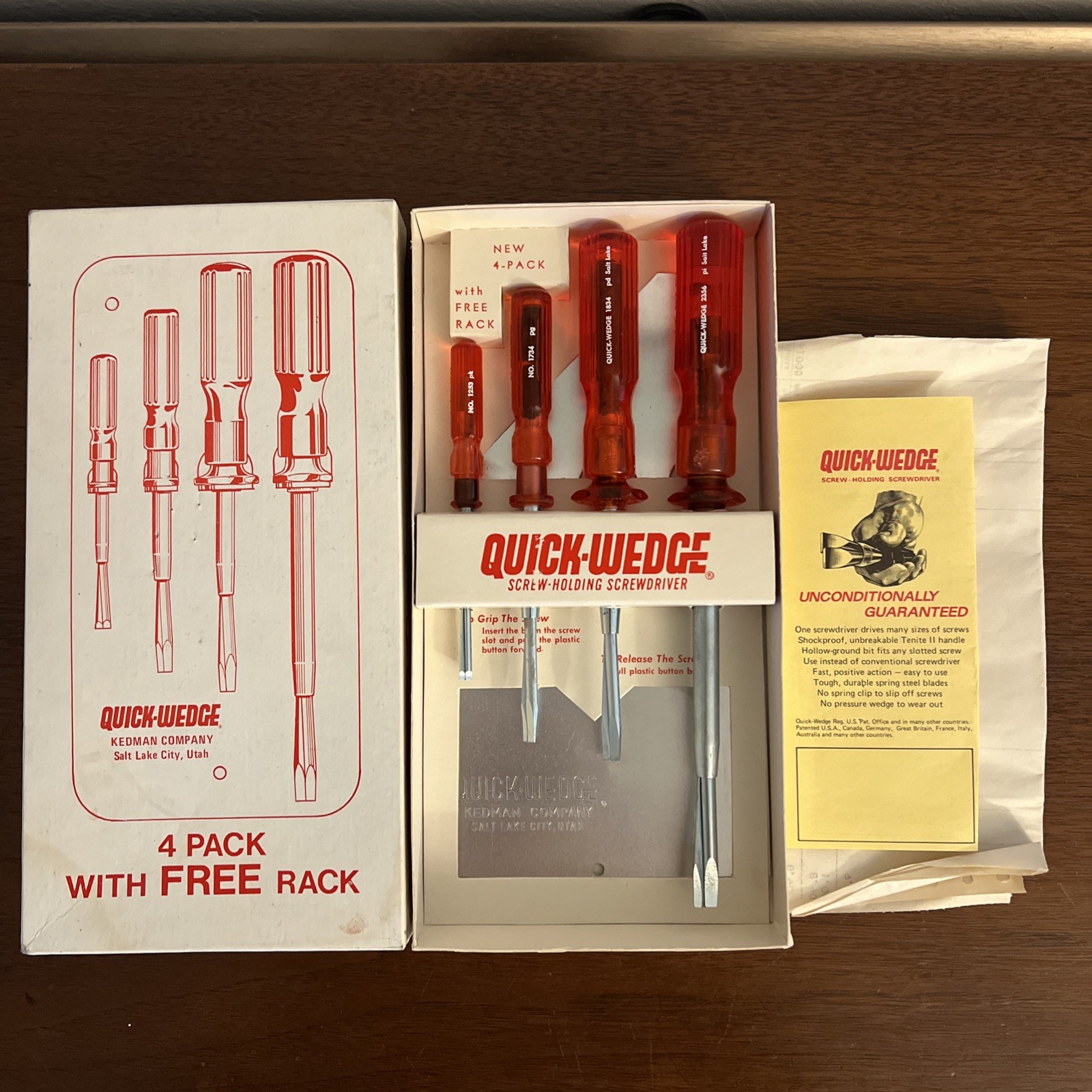 Vintage Quick Wedge Screwdriver Set Of 4 In Box w/ Rack Screw Holding USA