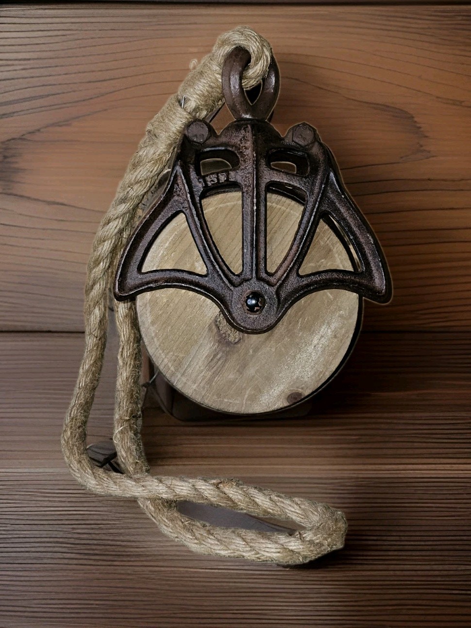 Vintage Cast Iron & Wood Wheel Block & Tackle Pulley – Functional &/or Decor